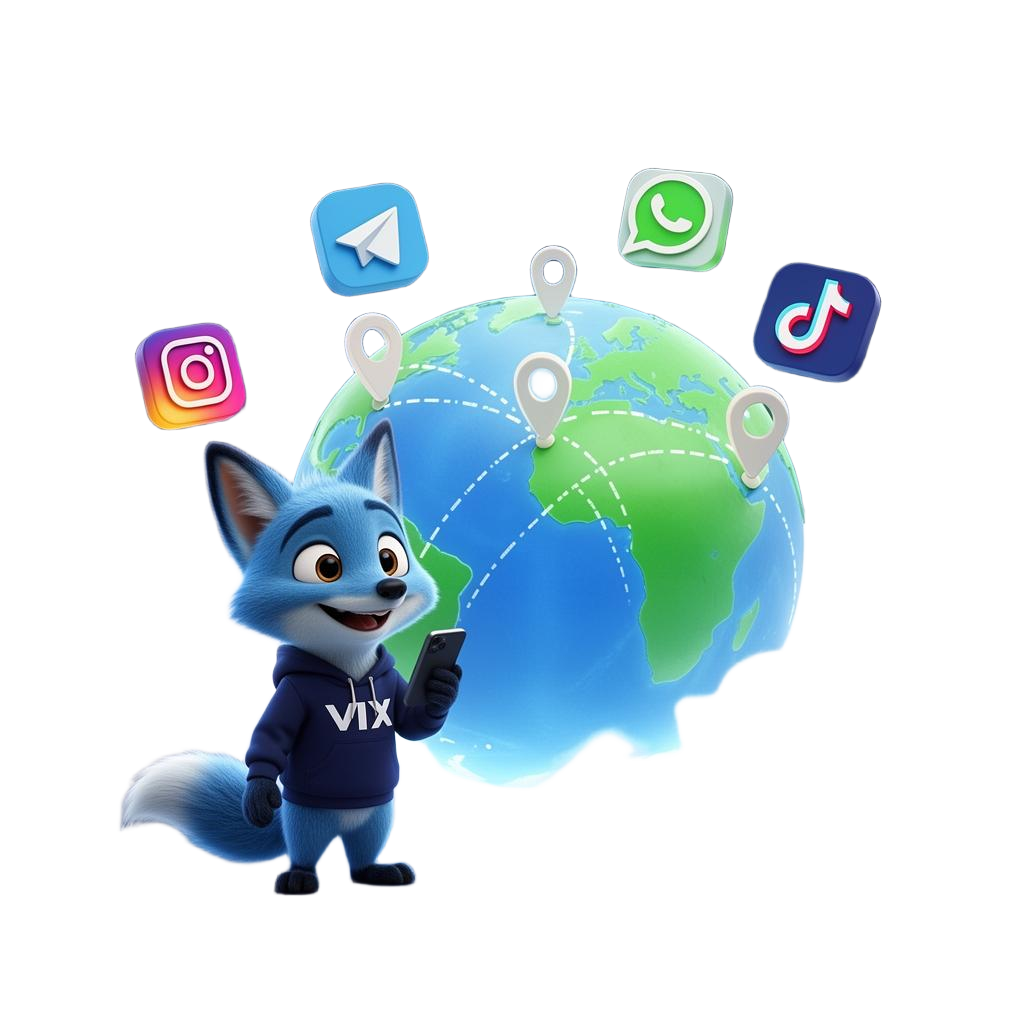 VixNokos mascot dengan globe dan icon aplikasi